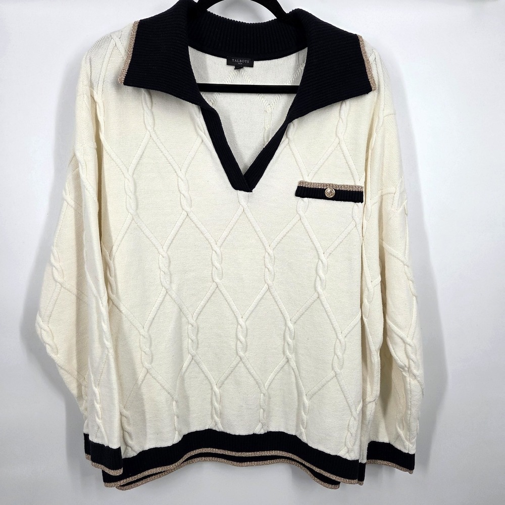 Talbots Women's Lattice Cable Knit Johnny Collar Sweater 3X White Blue Nautical